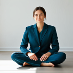 A serene professional individual, fully clothed in modest, comfortable business casual attire, sitting peacefully in a sunlit minimalist studio space. Soft, diffused natural light illuminates the scene, casting gentle shadows. The subject is calm, with a gentle expression, evoking a sense of deep inner peace and reflection.
    *   **Safety Requirements**: fully clothed, modest clothing, appropriate attire, professional dress, safe for work, appropriate content, family-friendly.
    *   **Anatomy Requirements**: perfect anatomy, correct proportions, natural pose, well-formed hands, proper finger count, natural body proportions.
    *   **Style and Quality**: Professional photography, high resolution, soft focus, calming atmosphere, balanced composition, inspiring.