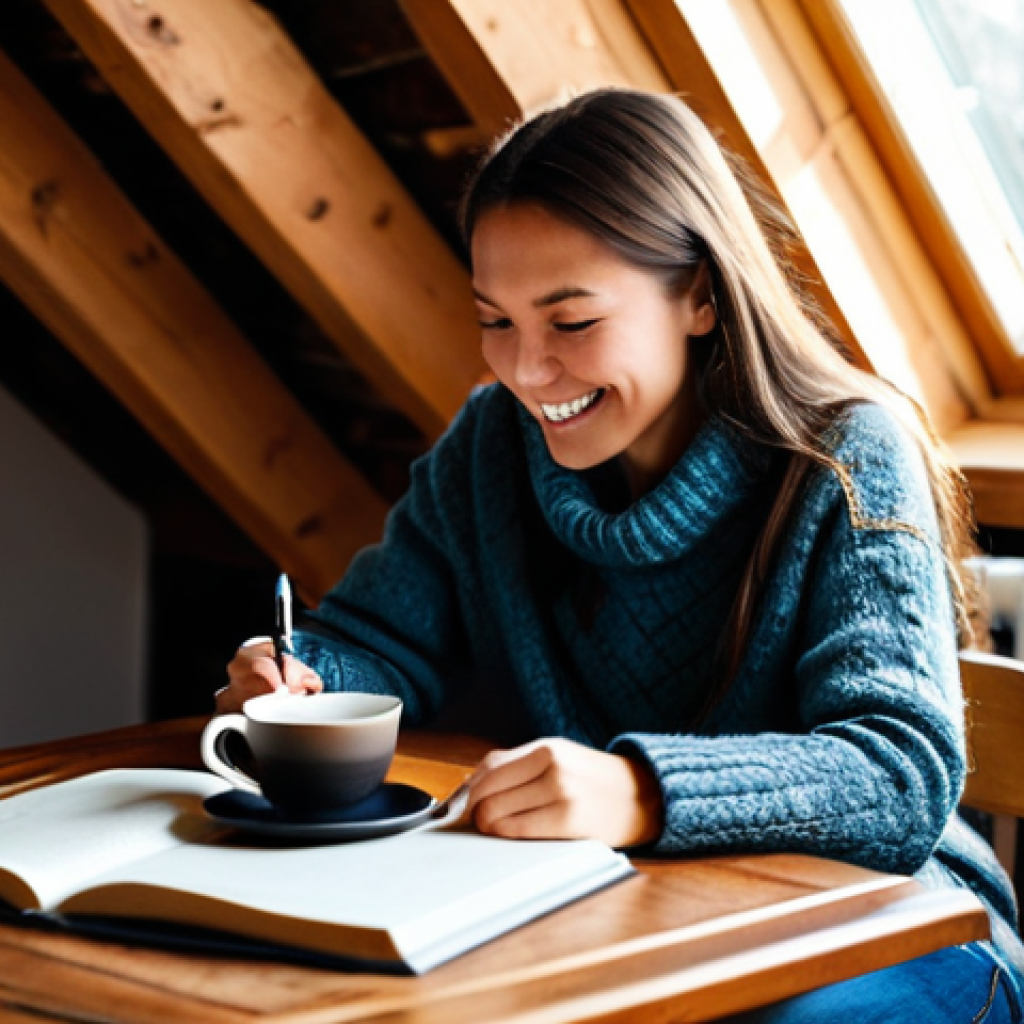 포지티브 심리학을 활용한 자아 발견 및 성장 여정 - Gratitude Journaling**
"A young woman sitting at a cozy wooden desk in a sunlit attic room, writing...