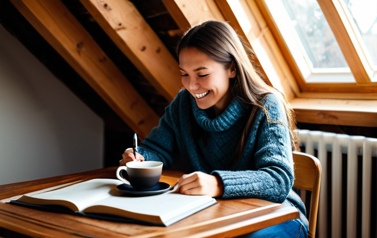 포지티브 심리학을 활용한 자아 발견 및 성장 여정 - Gratitude Journaling**
"A young woman sitting at a cozy wooden desk in a sunlit attic room, writing...