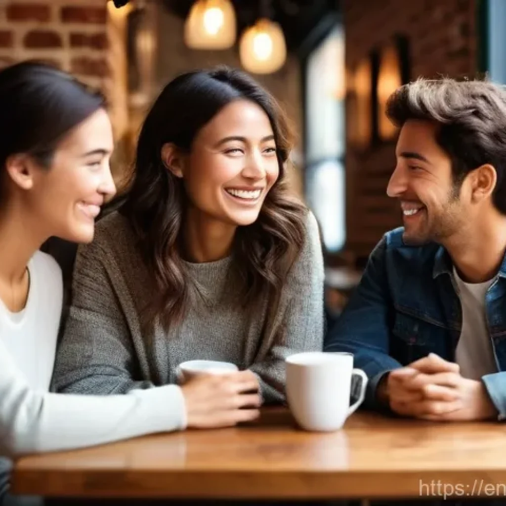 포지티브 심리학이 사회적 상호작용에 미치는 영향 - **Prompt 1: Heartfelt Gratitude at a Cozy Cafe**
"A diverse group of three friends, two women an...