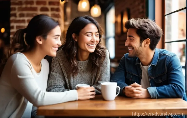 포지티브 심리학이 사회적 상호작용에 미치는 영향 - **Prompt 1: Heartfelt Gratitude at a Cozy Cafe**
"A diverse group of three friends, two women an...