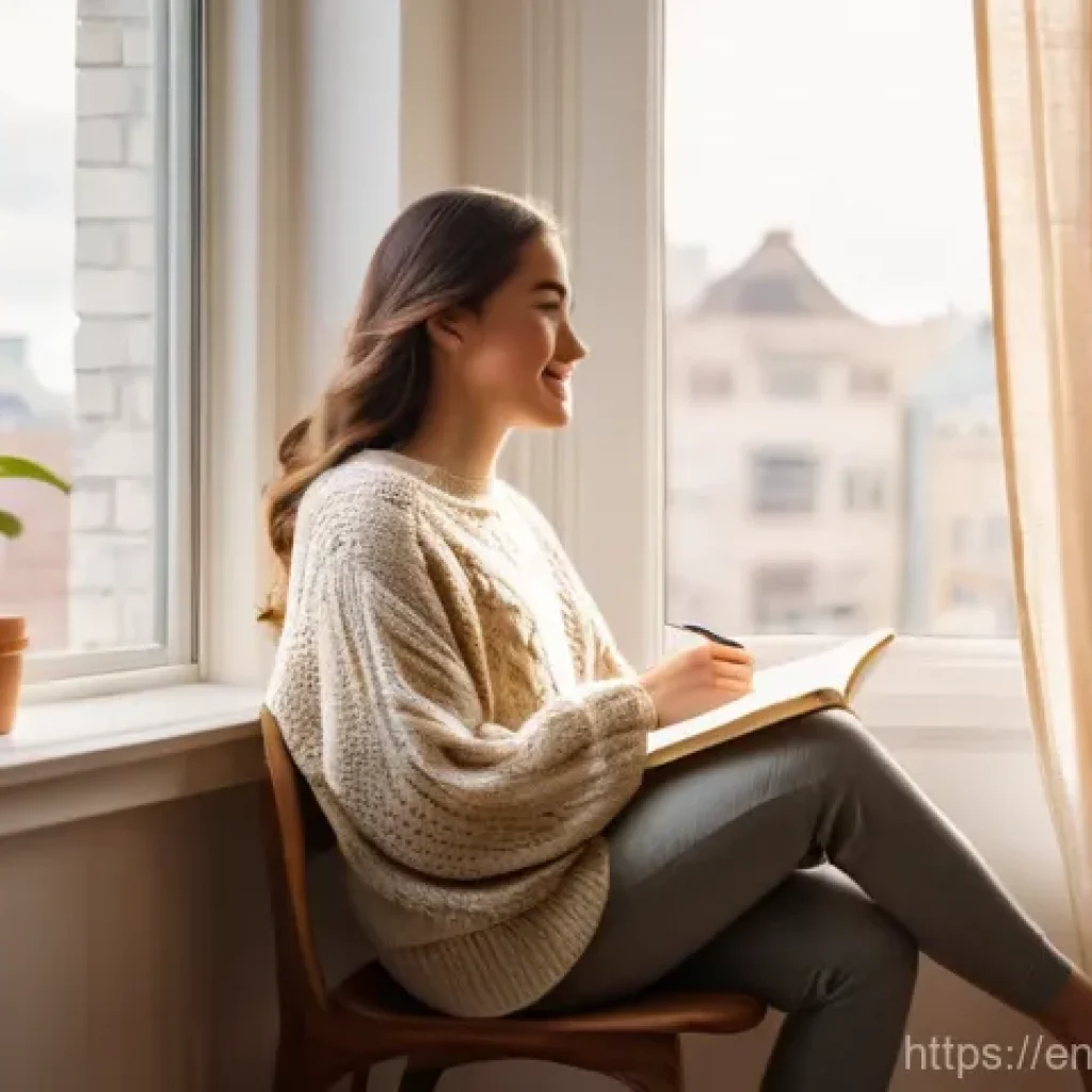 일상에서 쉽게 실천할 수 있는 포지티브 심리학 기법 - **"Golden Hour Gratitude Moment"**: A young woman, appearing to be in her late 20s, sits comfortably...