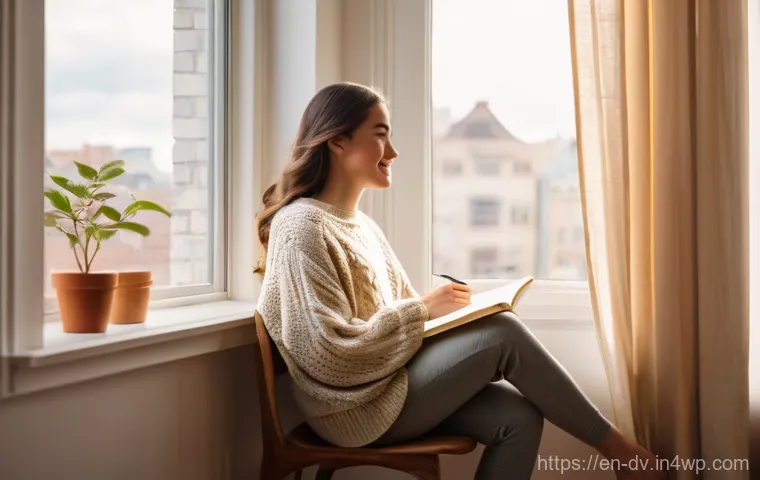 일상에서 쉽게 실천할 수 있는 포지티브 심리학 기법 - **"Golden Hour Gratitude Moment"**: A young woman, appearing to be in her late 20s, sits comfortably...