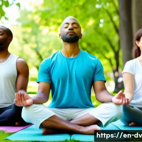 Home 28 포지티브 심리학을 통한 개인의 삶의 질 향상 - A serene morning scene of a diverse group of adults practicing mindfulness meditation in a sunny urb...