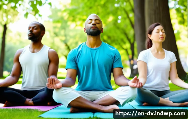 포지티브 심리학을 통한 개인의 삶의 질 향상 - A serene morning scene of a diverse group of adults practicing mindfulness meditation in a sunny urb...