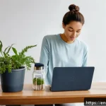 Home 21 포지티브 심리학을 통한 긍정적 습관 형성 방법 - A cozy, sunlit home workspace showing a person in casual comfortable clothing placing workout clothe...