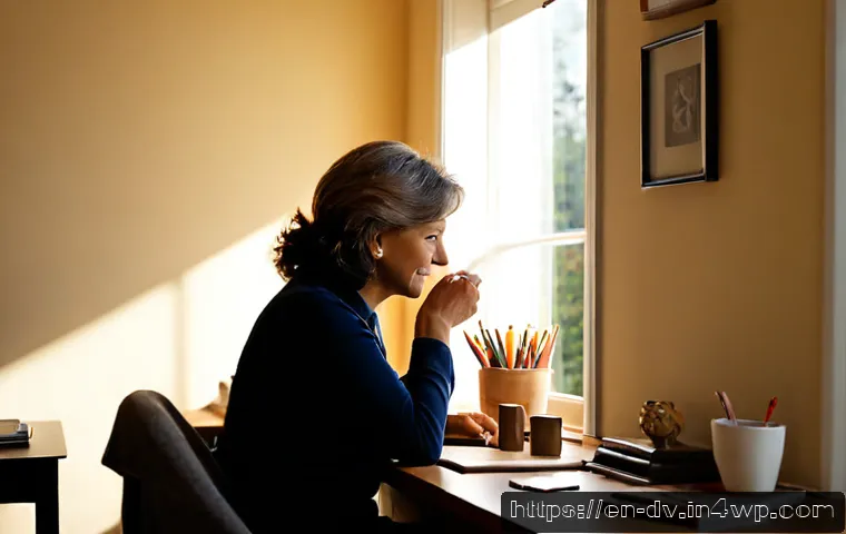 포지티브 심리학을 통해 나 자신을 발견하기 - Photorealistic lifestyle scene of a thoughtful middle-aged woman discovering personal strengths, sea...